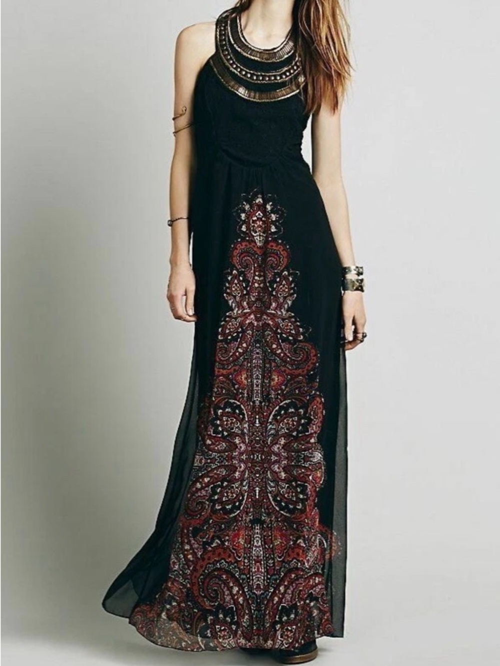 Free People Women’s Dress Demeter Metal Beaded Bib Boho Maxi Gown